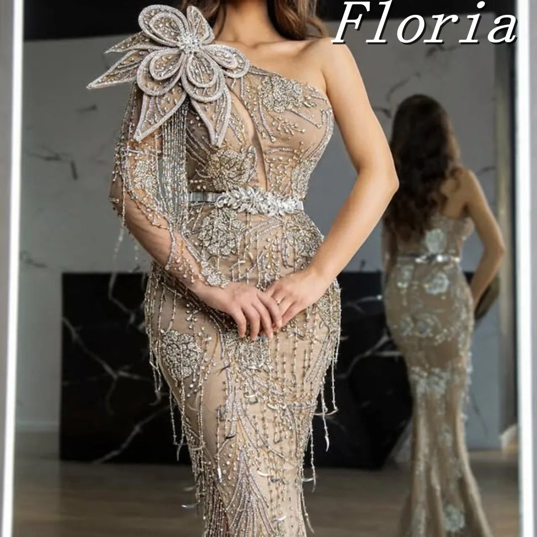 

Exclusive 3D Floras Richly Evening Dress With Tassel Shiny Crystals Mermaid Women Banquet Wear Side Slit Customized Prom Gown