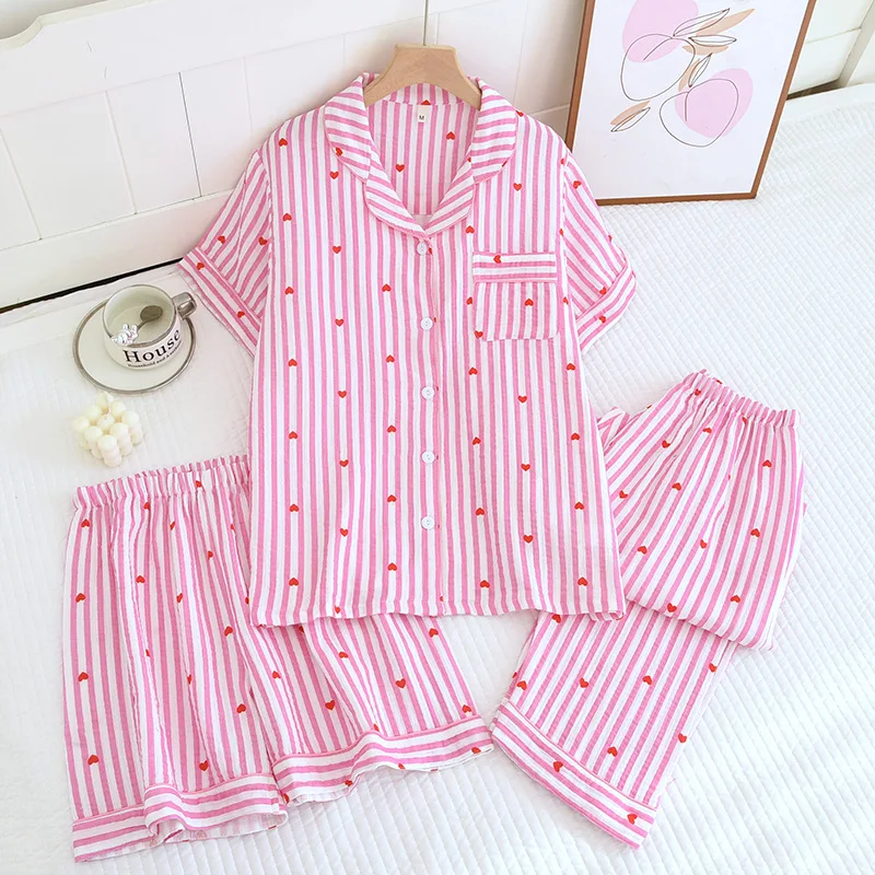 Small Love Heart Printed Cotton Pajamas for Women Three Piece Set Spring and Summer Short Sleeved Shorts Homewear Long Pants Set