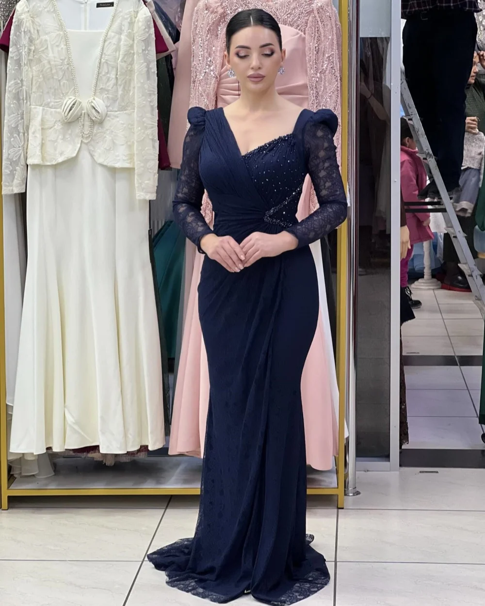 

Customized High Quality Classic Lace Beading Ruched Column Prom Dresses V-neck Long Sleeves Long Dresses Evening Dresses Formal