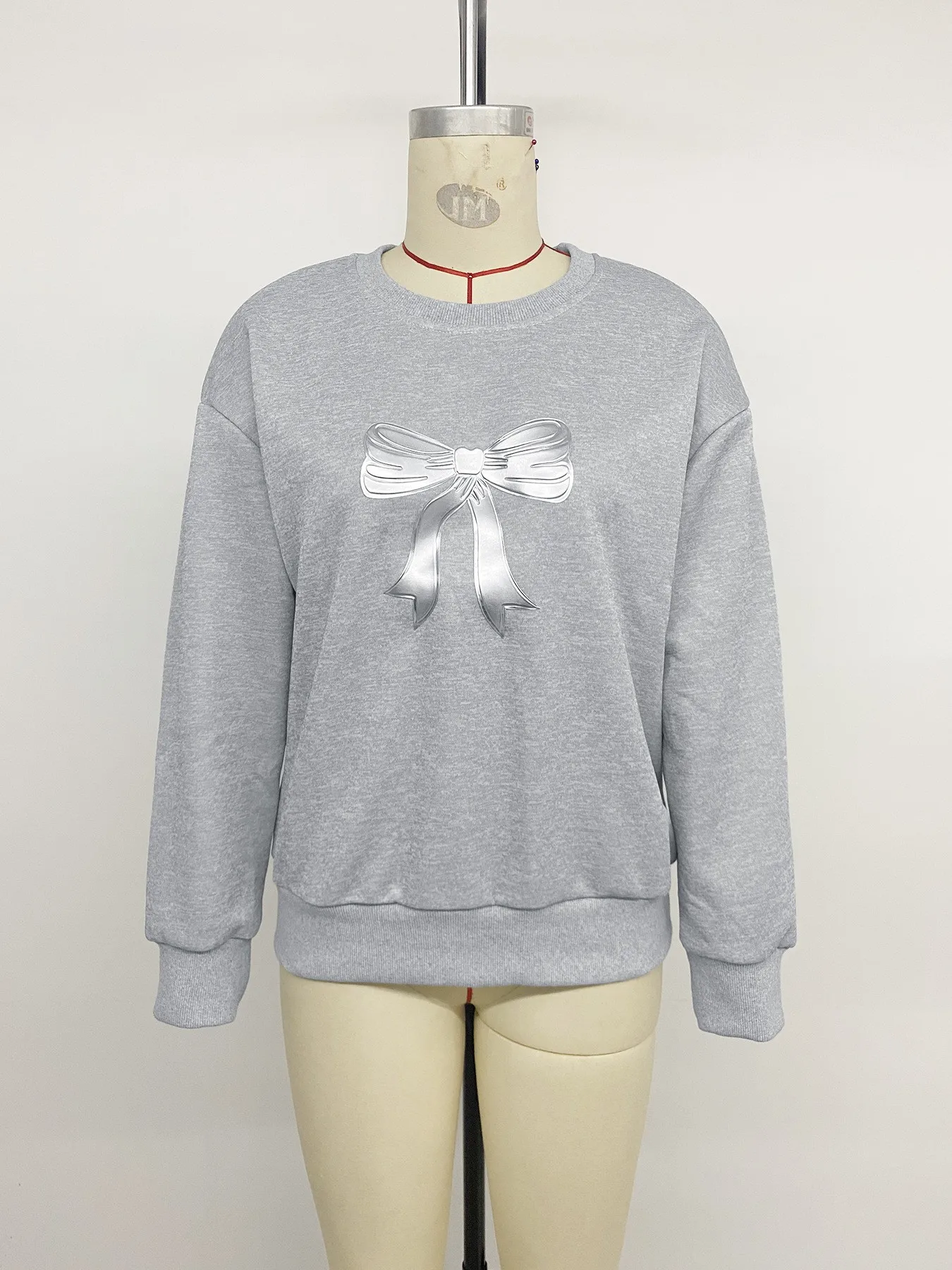 Bow Casual Loose Fit Hoodie with Regular Sleeve Standard Length Single Pullover No Hood Sweatshirt Round Neck Women Sweatshirt
