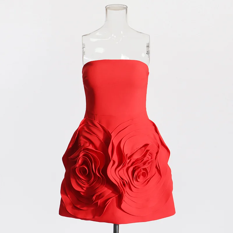 Reject Return A139 Sweet Memory Red Strapless Short Prom Dress 2024 New Fashion Women Girls Princess Flowers Celebrity Dresses