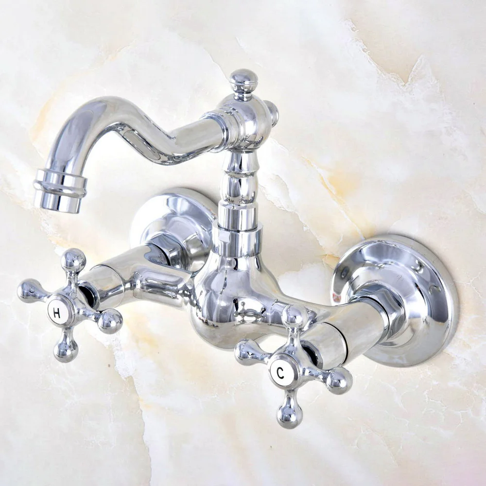 

Chrome Dual Cross Handles Wall Mount Bathroom Washbasin Basin Faucet Hot and Cold Water Mixer Tap tnf583