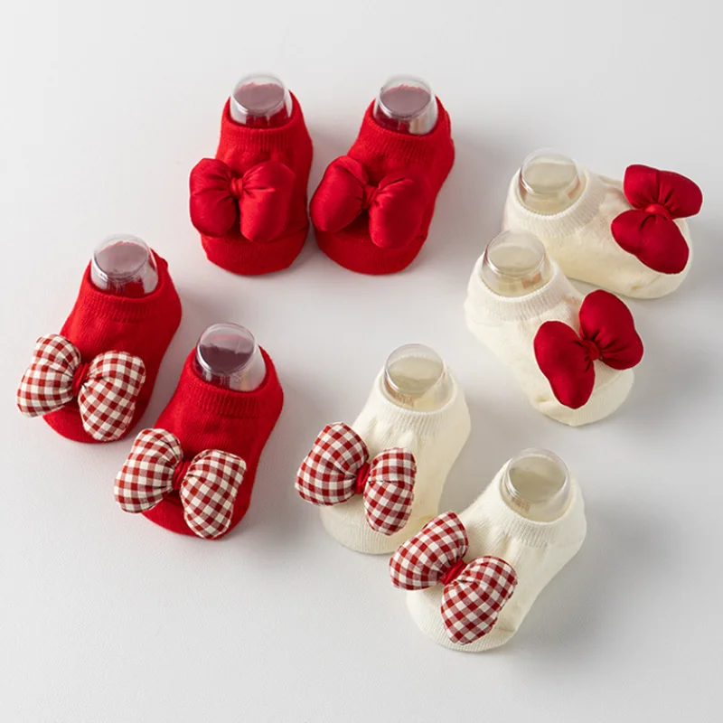 Baby Red Christmas Socks Bow Toddler Boat Socks Solid Cotton Short Sock 0-3Year Kids Rubber Bottom Anti-slip Floor Sock New Year