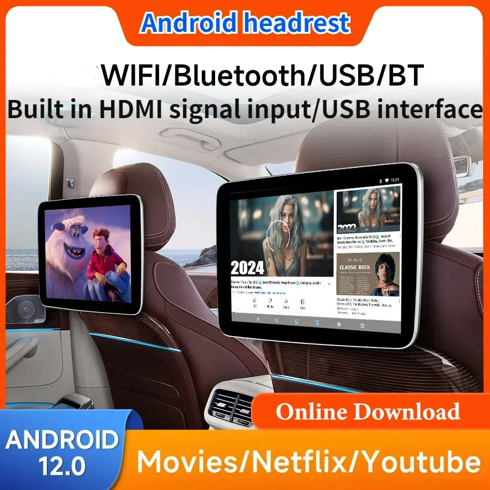 

10.1''Headrest Monitor Display IPS Android12 Touch Screen For Car Rear Seat Player Video Music With Bluetooth FM WIFI 4G car