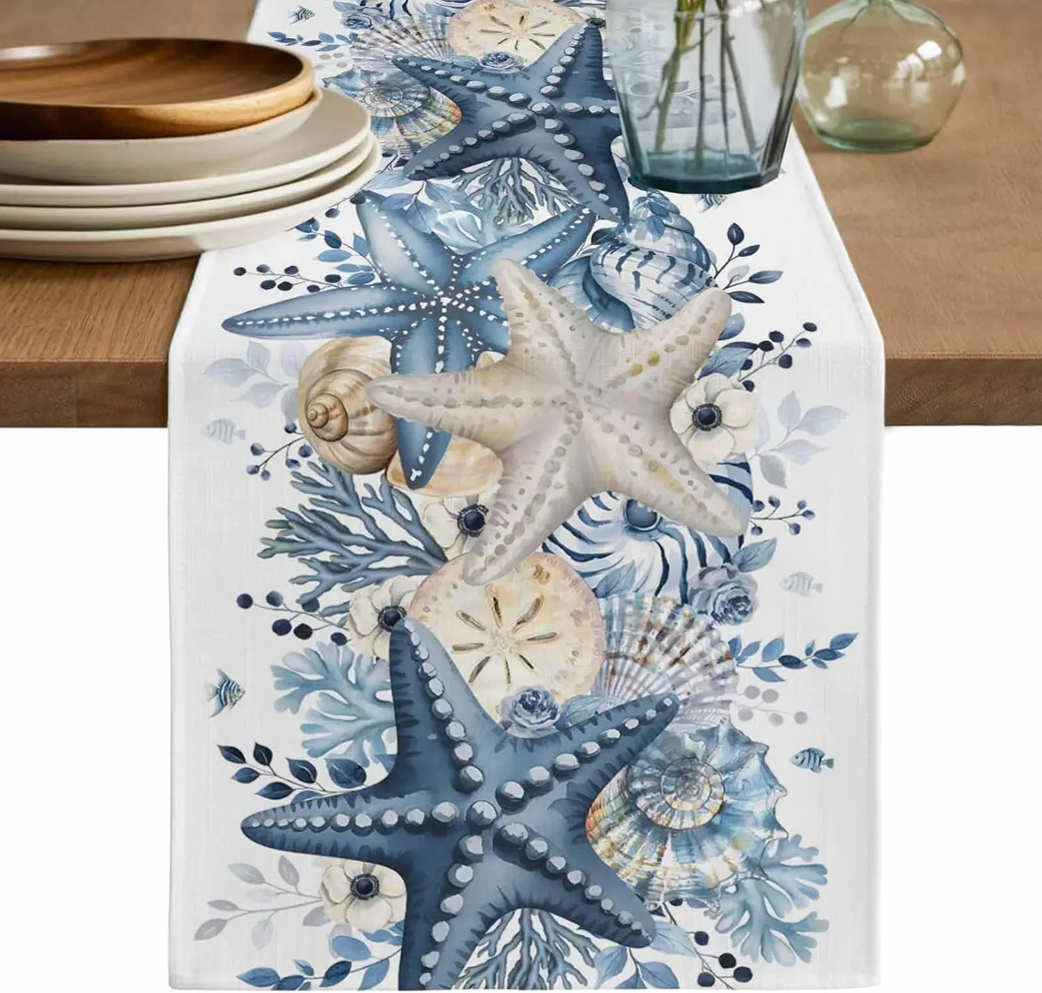 Navy Blue Coastal Linen Table Runner Table Decor Summer Starfish Eucalyptus Leaves Nautical Kitchen Table Runners Party Decor