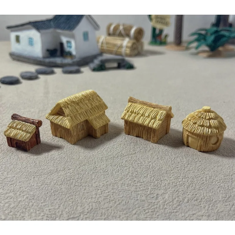 Emulation Miniature Thatched Cottage with Water Tank and Firewood Pile Micro Landscape Sand Table Prop Model Decoration Ornament