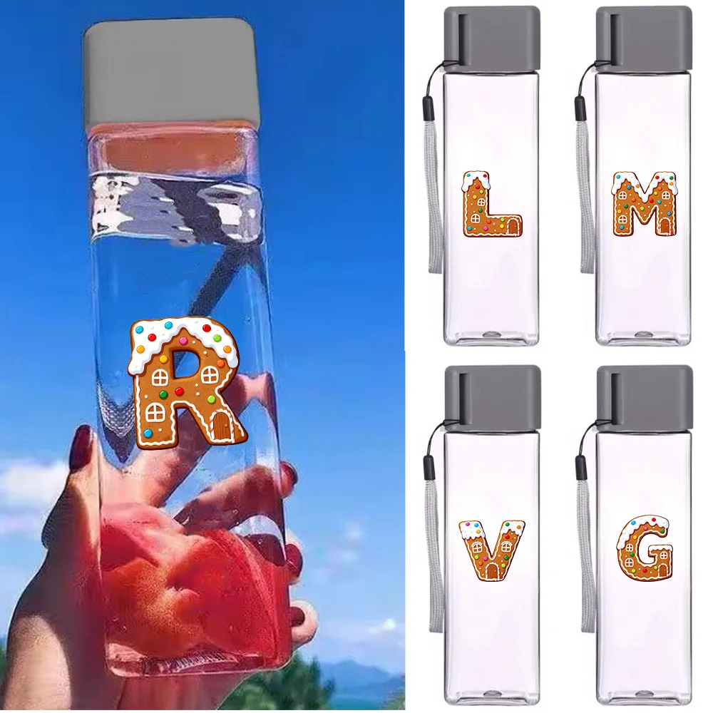 

500ml Transparent Plastic Water Bottle with rope Seal Milk Tea Bottle Student Outdoor Sports Juice Cup Gingerbread House Pattern