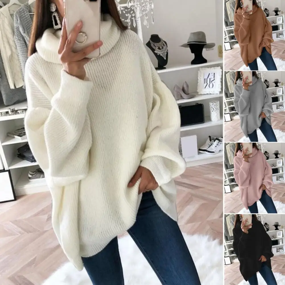 

Trendy Autumn Winter Solid Color Loose Pullover Knitwear 3D Cutting Mid-Length Sweater Turtleneck Female Clothing