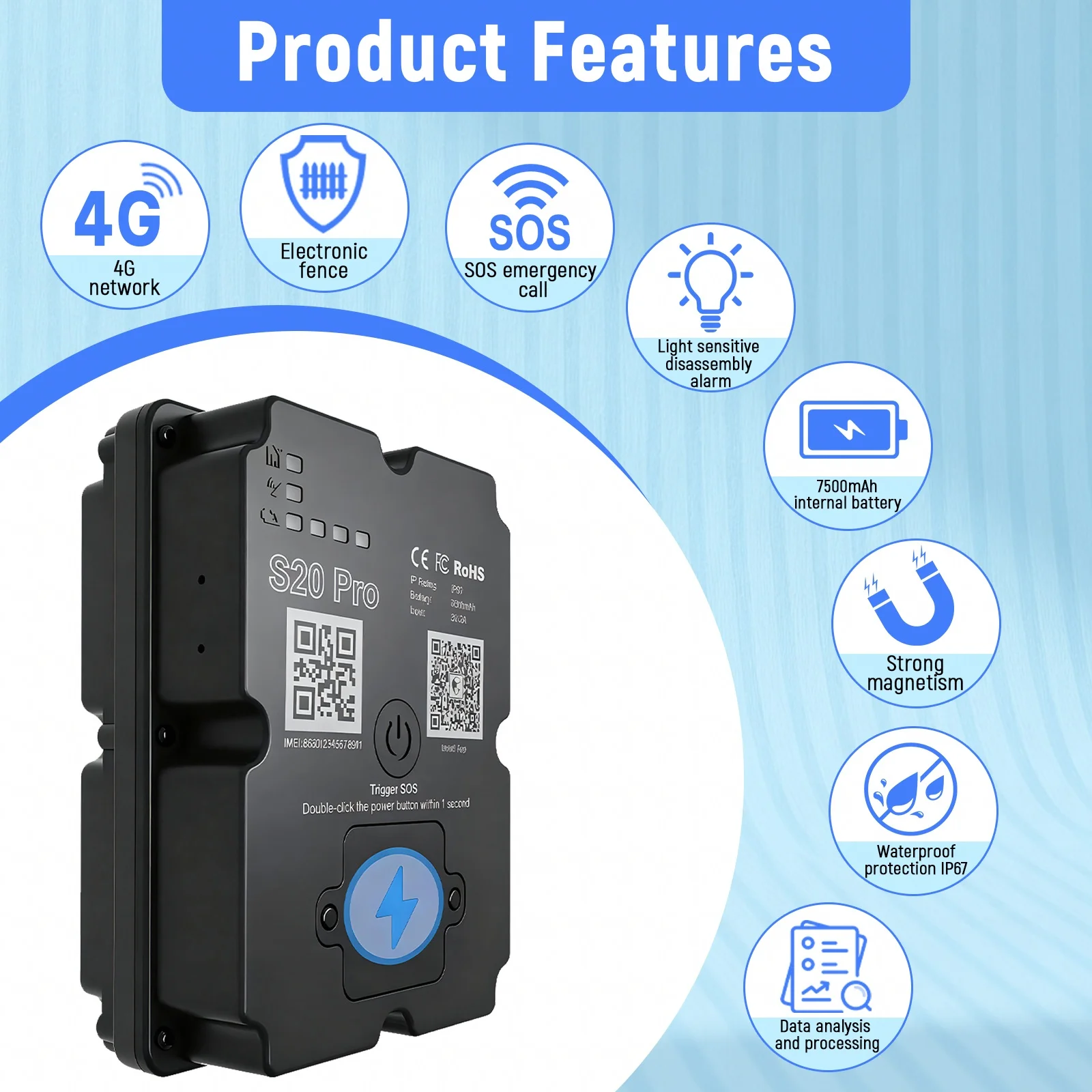 Pelacak GPS Magnetik Wanway 4G LTE |   7500mAh Daya Tahan Lama |   Tampilan Lalu Lintas Google Maps |   Pelacak Aset Mobil