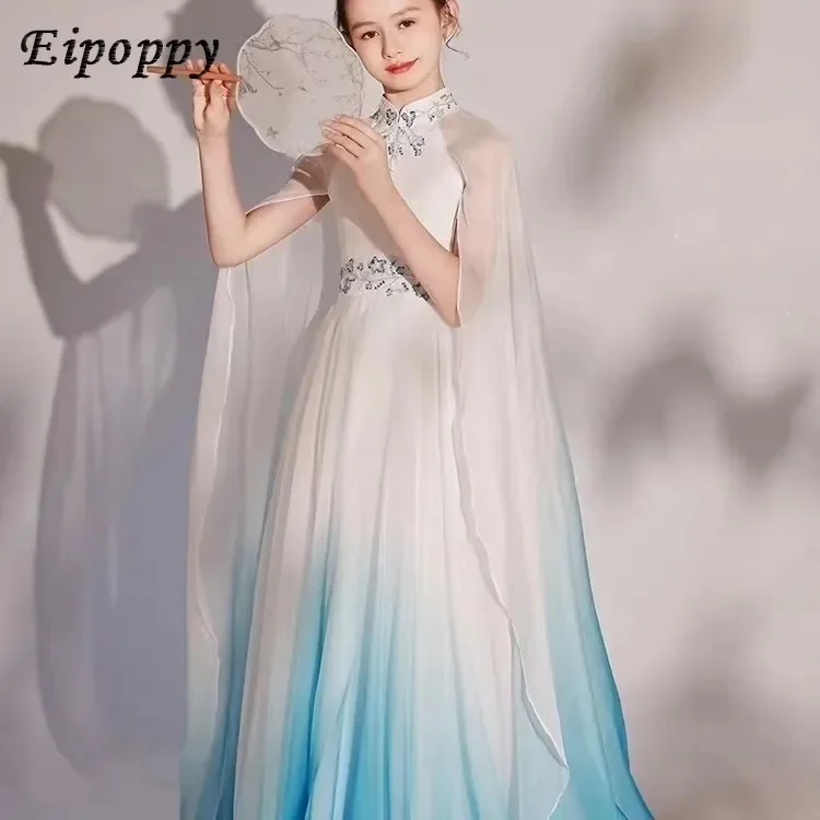 Children's Dress Elastic Guzheng Performance Costume Super Fairy Folk Music Chorus Host's Dress Long Dress