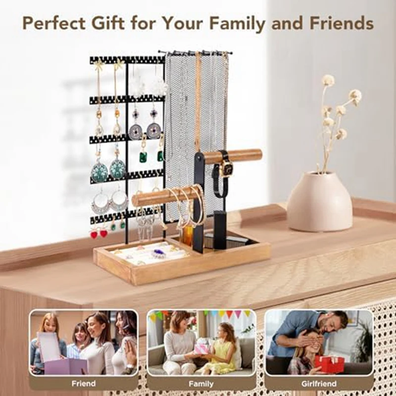 1 PCS 5 Tier Jewelry Holder Storage Rack With Storage Net And Removable Wood Ring Tray Black