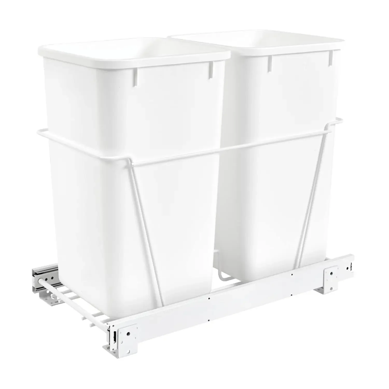 Double 27 Qt Pull Out Chrome Wire Trash Can Container Bin Bottom Mount for Kitchen Cabinet with Full-Extension Slides, White,