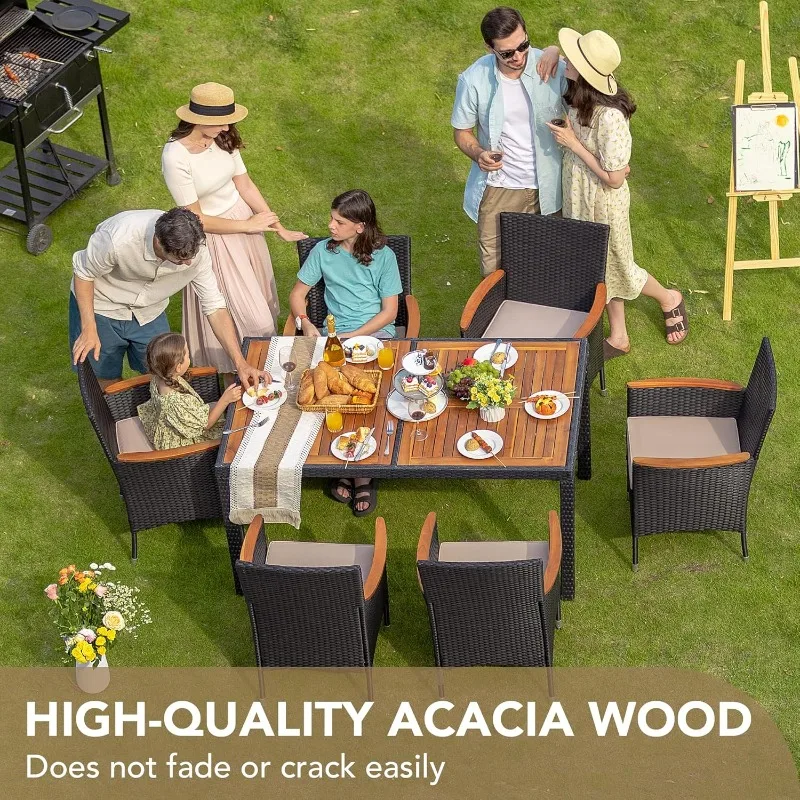 Dining 7 PCS Furniture, Patio Conversation Set with Acacia Wood Table Top, Rattan Outdoor, Black US(Origin)