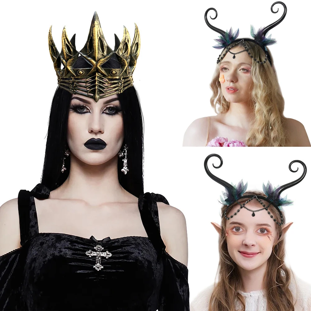 Uomo donna Crow Crown Cosplay King Queen Halloween Party Costums accessori Flower Fairy Headband Anime Red Cow Headwear