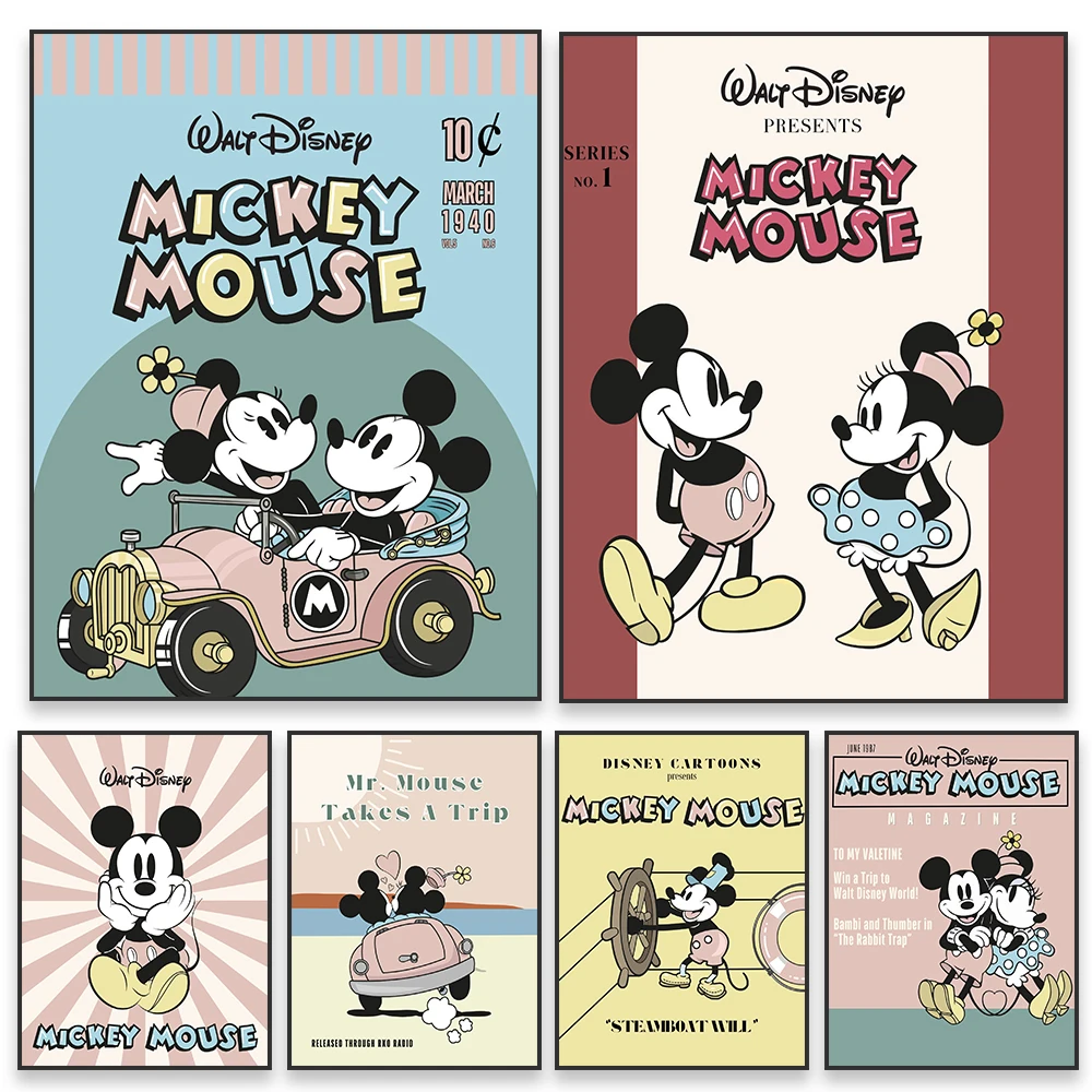 

Vintage Magazine Wall Art Poster Disney Mickey And Minnie Movie Print Colourful Mickey Canvas Painting Nursery Kid Bedroom Decor