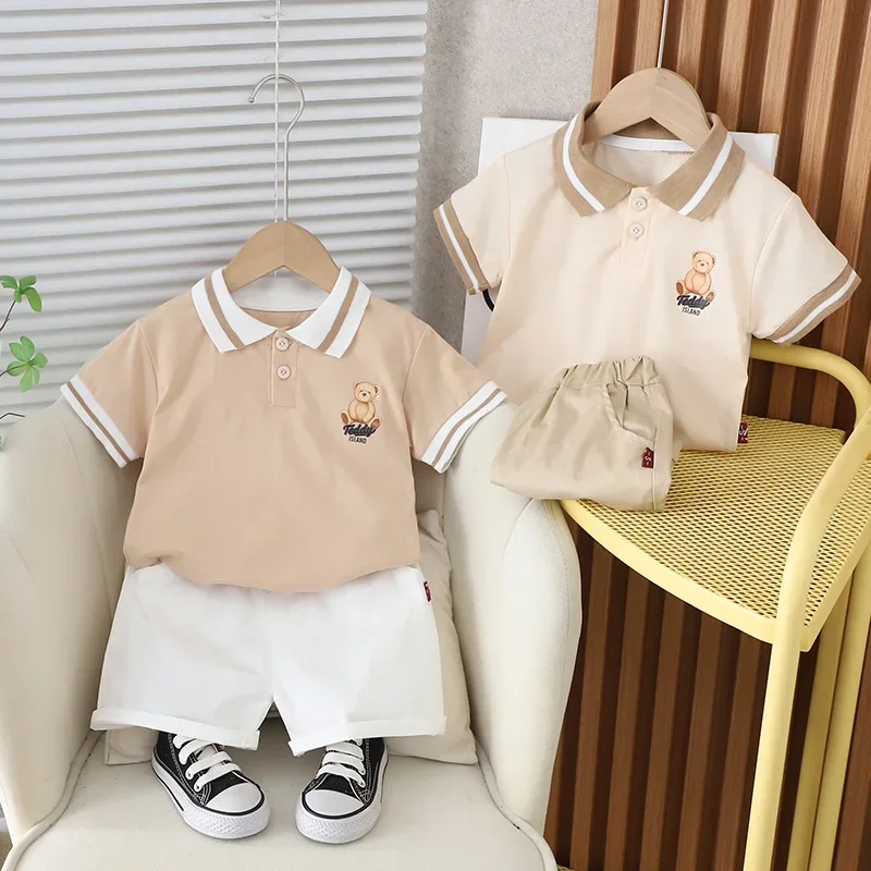 2024 Toddler Summer Outfit Clothes for Kids Boy 1 To 5 Years Cartoon Turn-down Collar Short Sleeve T-shirts and Shorts Boys Suit