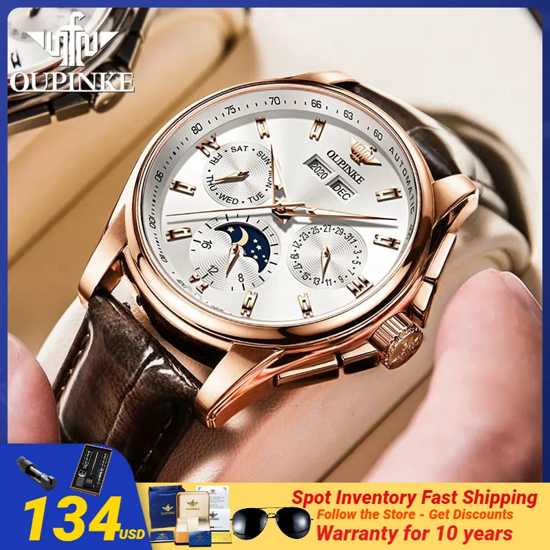 OUPINKE 3189 Multi-function Men's Watches Original Leather Strap Waterproof Moon Phase Sapphire Mirror Man Wristwatches