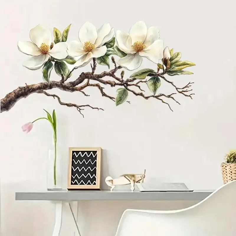 1pc Elegant White Magnolia Wall Decal Self-Adhesive Removable Blossom Flower Sticker for Bedroom Kids Room Home Decor