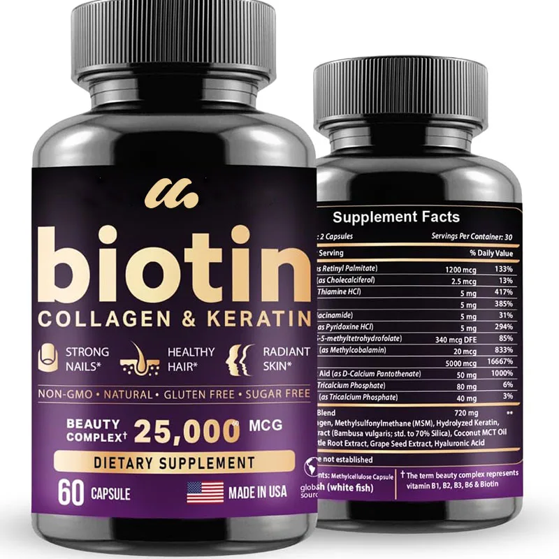 Biotin contains hyaluronic acid, collagen, and keratin, as well as vitamins for hair growth in men and women - nails and skin