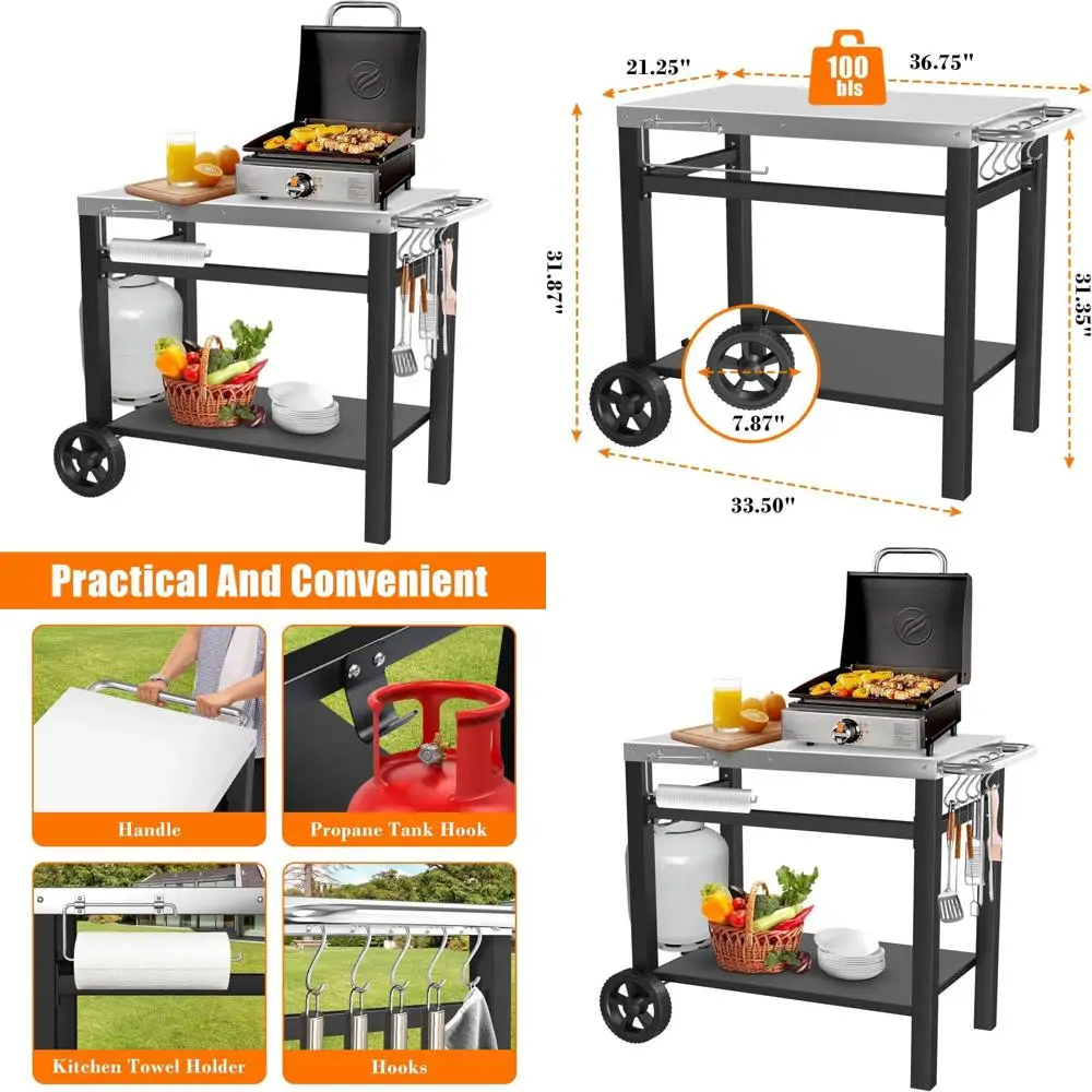 

Portable Kitchen Cart with Wheels, Double Shelves, Hooks, Compatible with Blackstone Ninja Grills