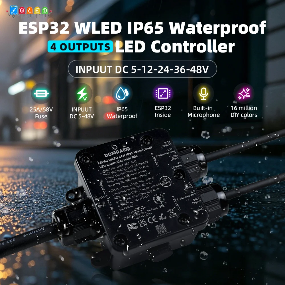 DOMRAEM 4CH IP65 Waterproof Digital WLED Controller DC5-48V 16A 25A Replaceable Fuse Level Shift COB WS281X SK6812 Outdoor LED