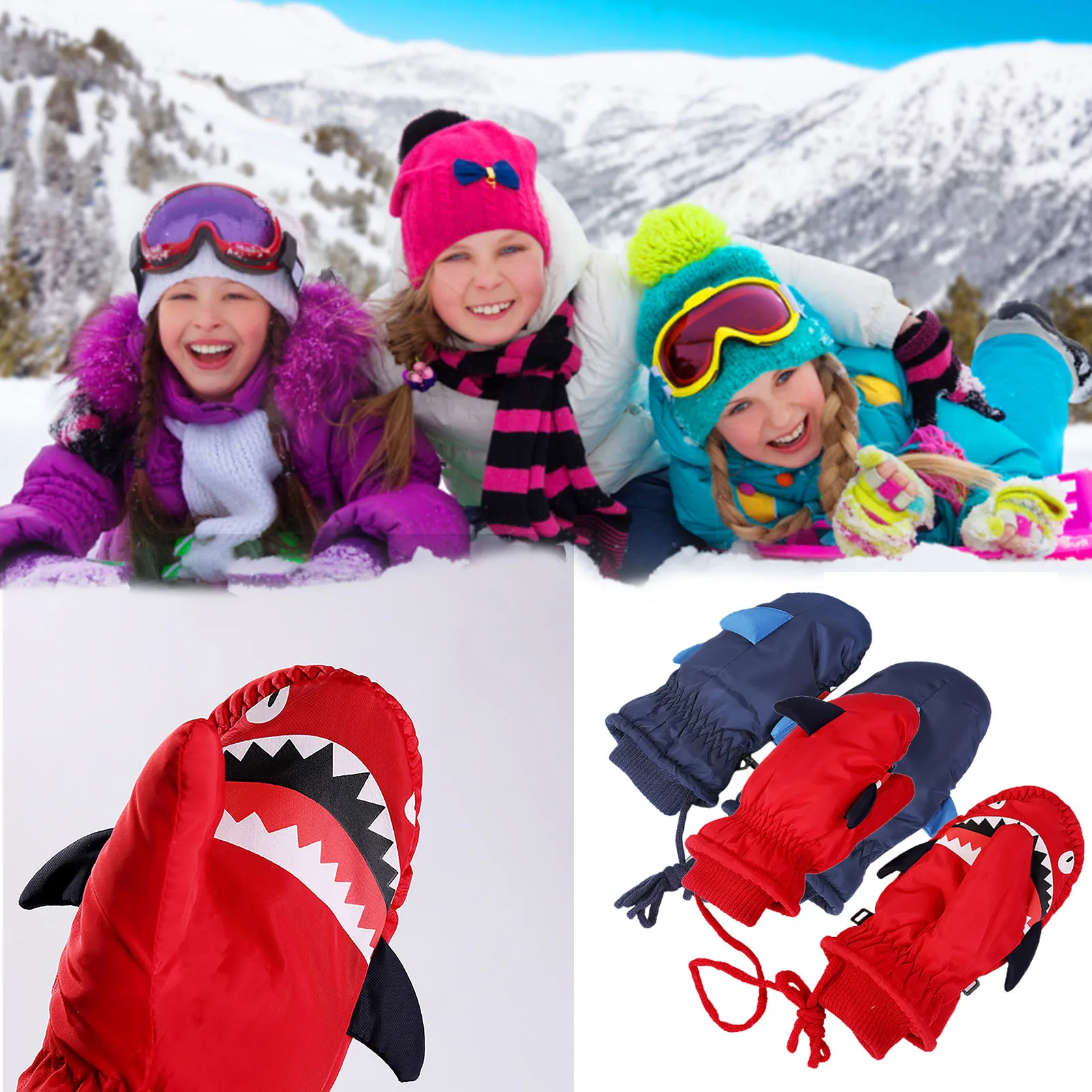 

Children'S Gloves Outdoor Ski Sport Fitness Cute Shark Mouth Warm Printed Mittens Windproof Waterproof