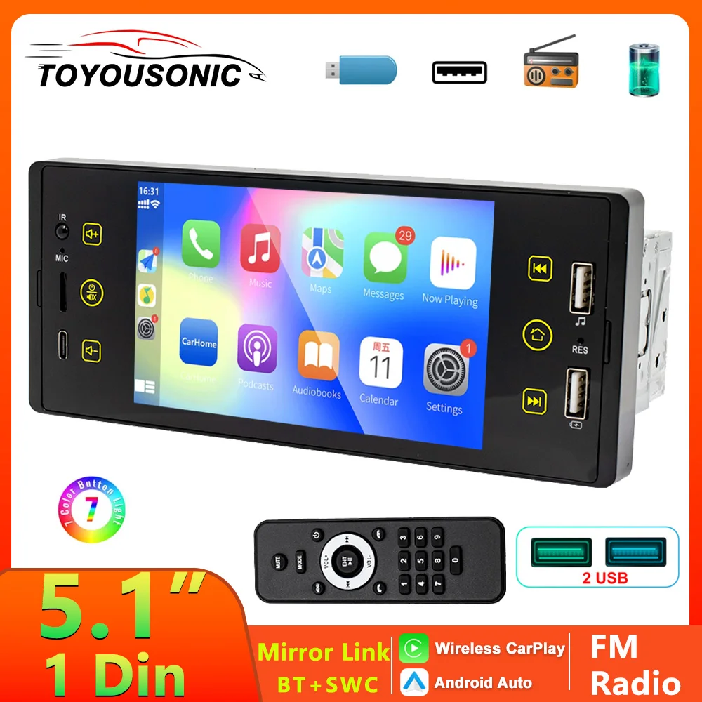 

TOYOUSONIC 1 Din 5 Inch Car Radio MP5 Video Player Wireless carplay Multimedia Player FM BT 2USB Bluetooth Mirrorlink Car Stereo