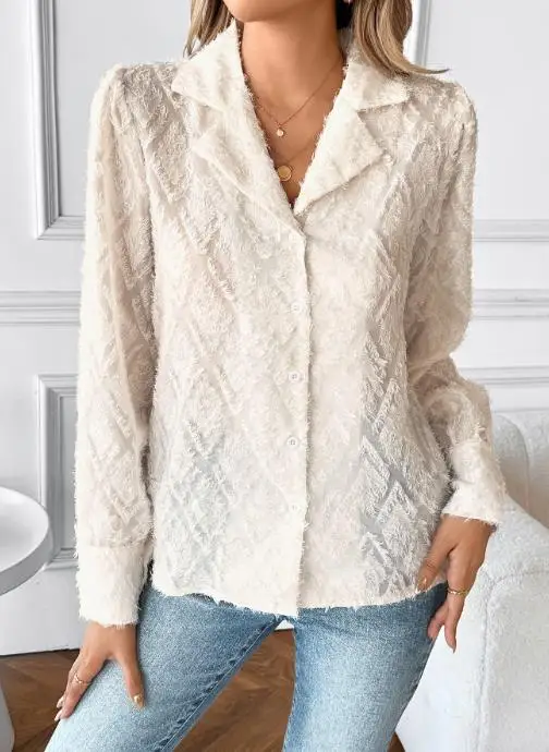

Autumn New Elegant Loose Women's Long Sleeved Shirt with Solid Color Diamond Pattern and Fringed Long Sleeved Shirt Collar