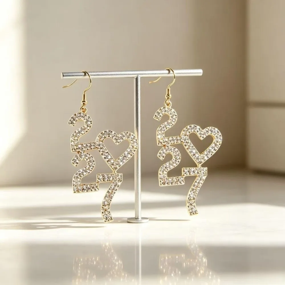 Fashion Elegant 2027 Digital Earrings Long Drop Love Heart Happy New Year Earrings Shiny Rhinestone Stud Earrings New Year Party