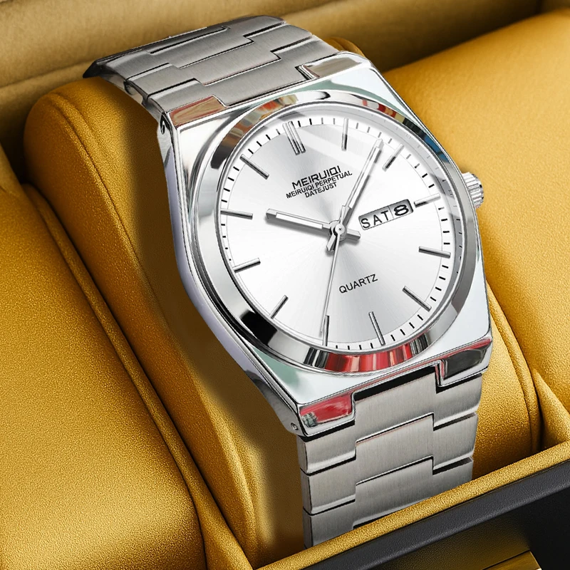 

Мужские серебристо-белые кварцевые часы в минималистском стиле с универсальным дисплеем даты и шкалой в виде штифтов.