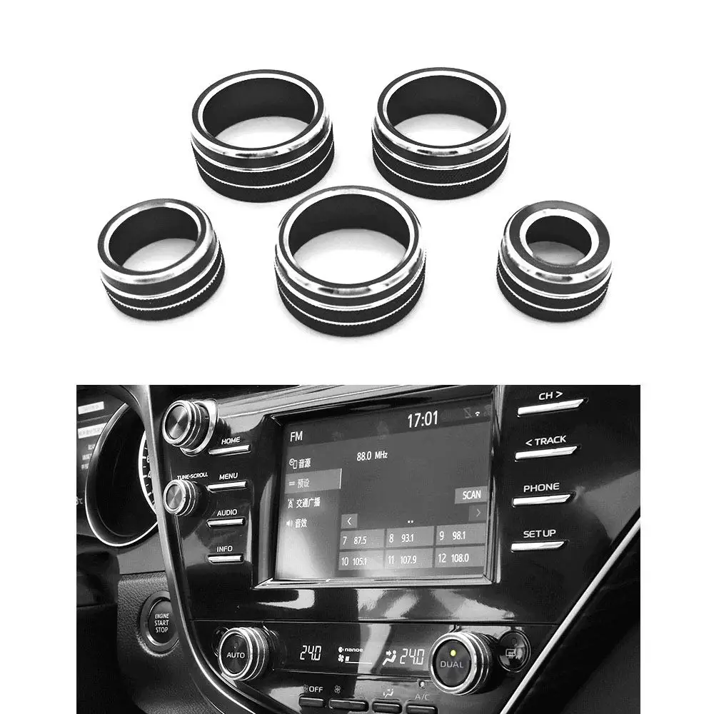 

A82M-5PCS Aluminum Car Center Console Knobs Decoration AC Air Conditioning+Audio+Function+Rear Mirror Knob Switch Covers Trim Fo