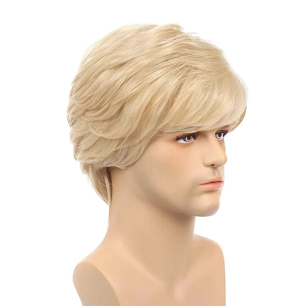 Short Men Blonde Wigs Layered Fluffy Natural Curly Men Wig Synthetic Heat Resistant Cosplay Wig