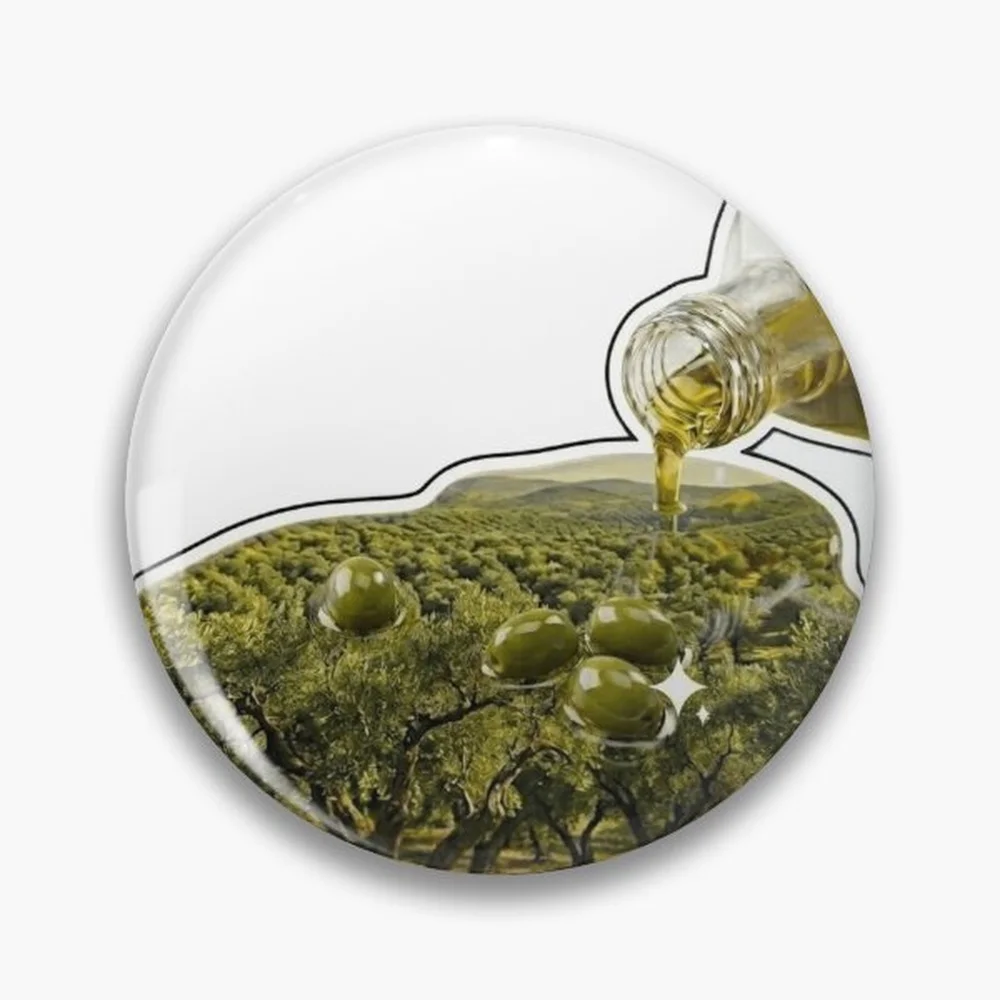 Surreal Olive Oil Bottle Reflection Green Olive Tree Orchard Landscape Pin Holographic Star Heart Pin Brooches Laminated Button