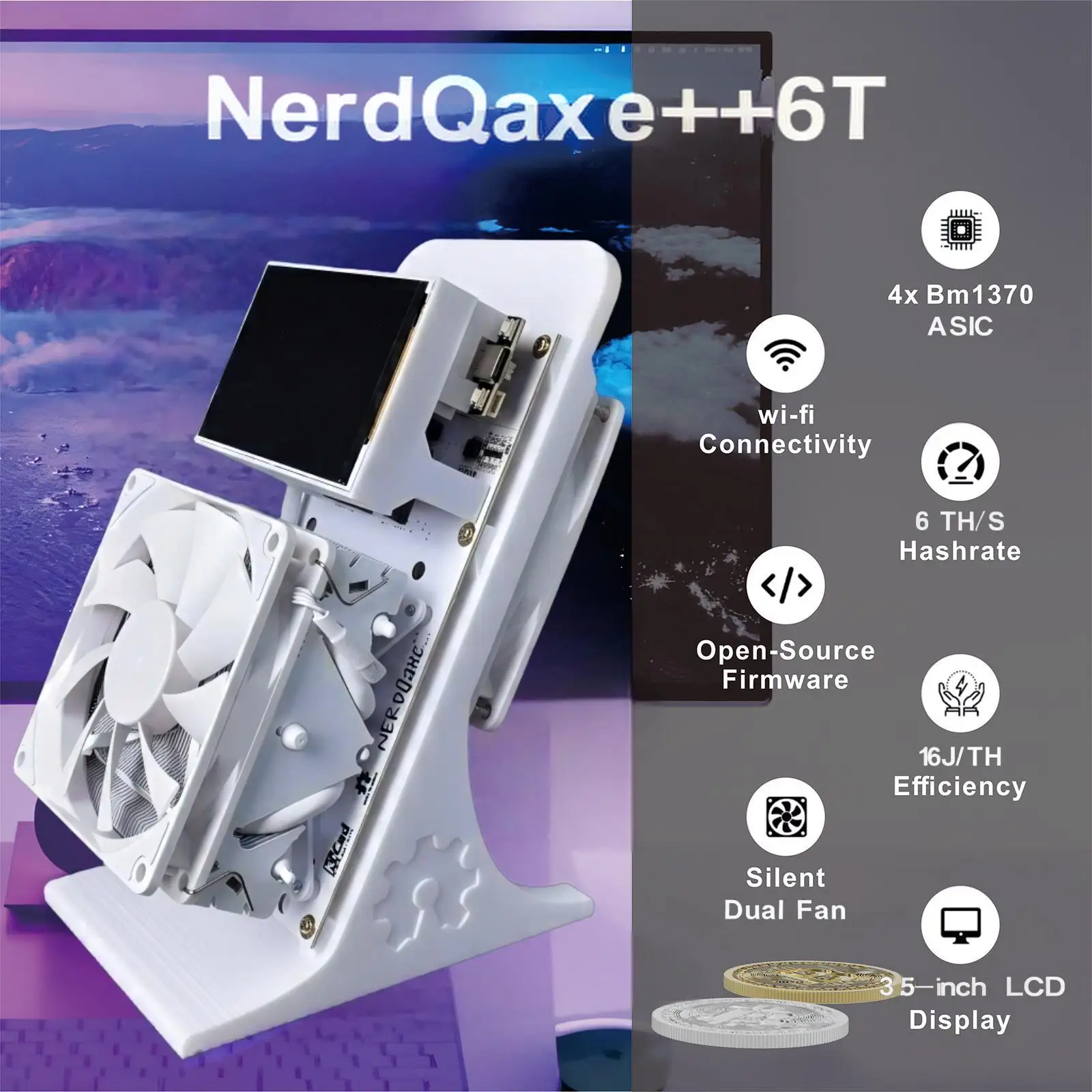 

NerdQaxe++ Rev6.1 Bitcoin Miner 6Th/s 100W Low Power SHA-256 ASIC 2.4G WiFi Quiet Open-Source Home BTC Mining Machine