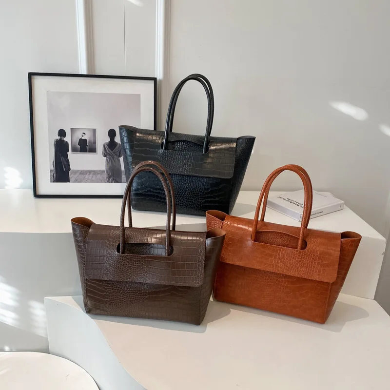 

PU leather stone pattern simple flip-top large-capacity handbag, retro commuter single-shoulder tote bag