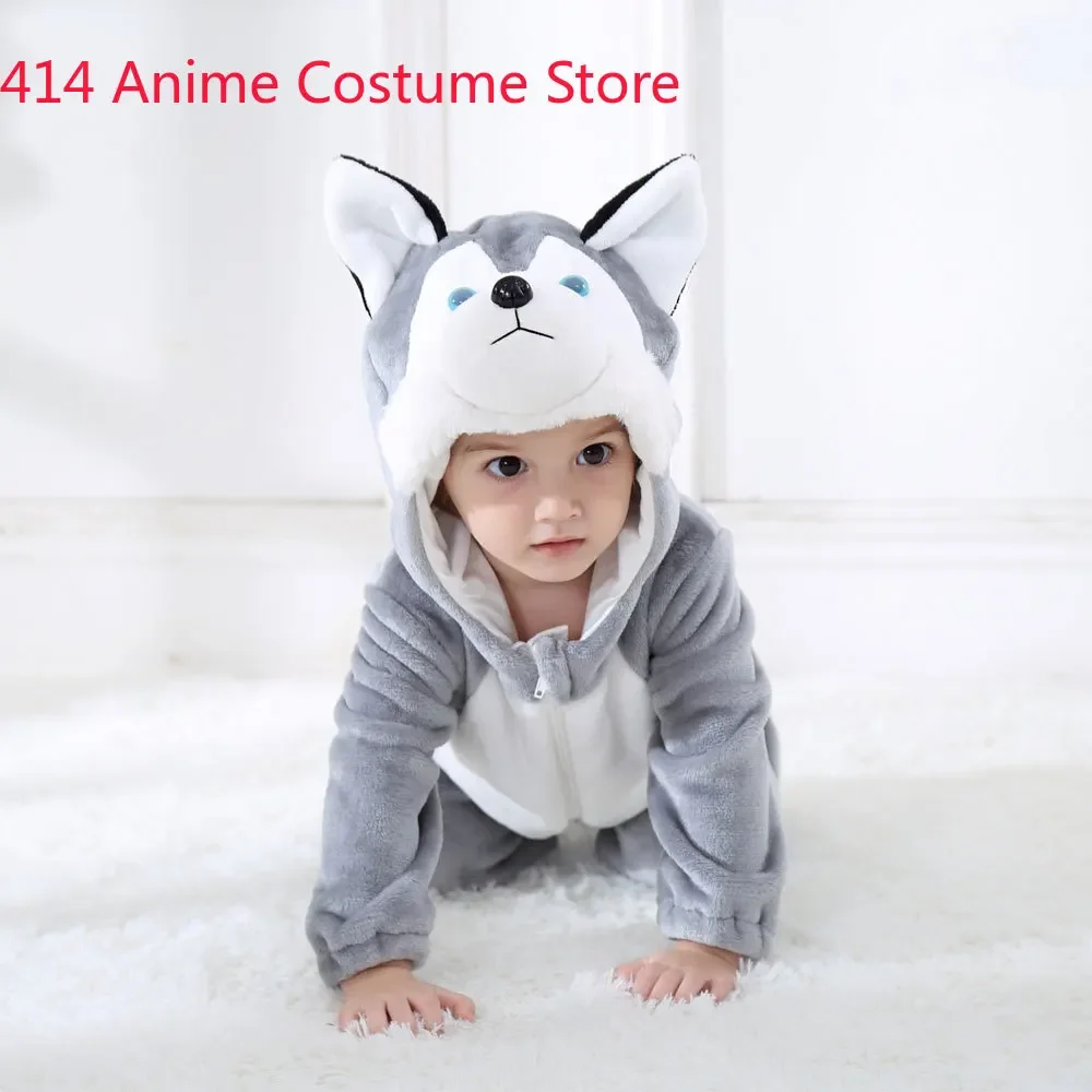 Baby Husky Dog Costume Kigurumi Cartoon Animal Rompers Infant Toddler Jumpsuit Flannel Halloween Fancy Dress