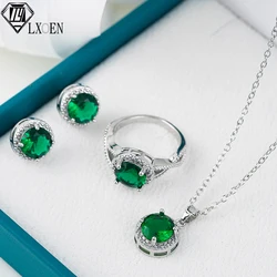 LXOEN Fashion Green Cubic Zirconia Stone Round Necklace Earring and Ring Set Bridal Wedding Party Jewelry for Women Joyas Mujer