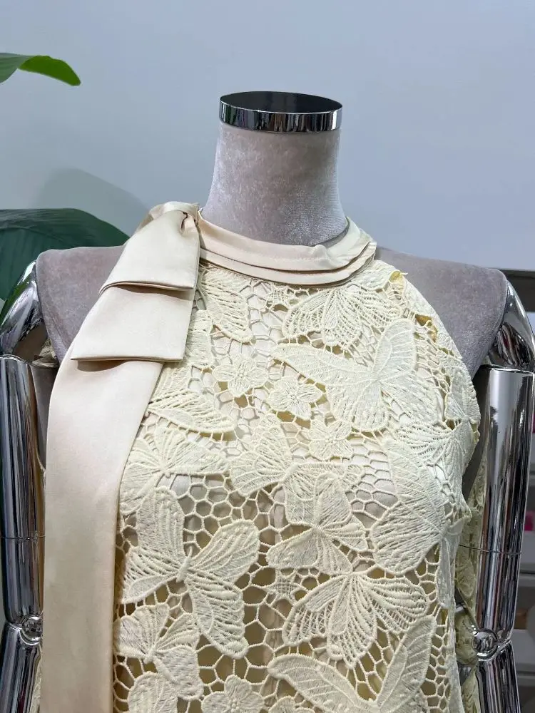 Franse elegante chique mode Boheemse strik uitgesneden opengewerkte kant A-lijn damesjurken ontwerp zomer nieuwe feestclub avondjurk