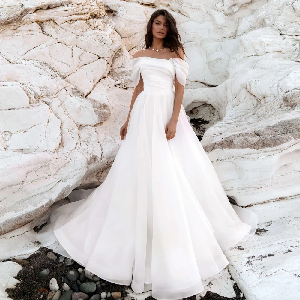 

Simple Organza Strapless Wedding Dresses Off Shoulder Sleeves Pleat Floor Length Bridal Growns A Line Zipper Vestidos De Novia