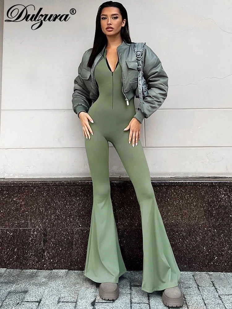 

Dulzura Zipper Half Turtleneck Jumpsuit Long Sleeves Bell-Bottomed Pants 2023 Autumn Women Clothing Sexy Body-Shaping Clubwear