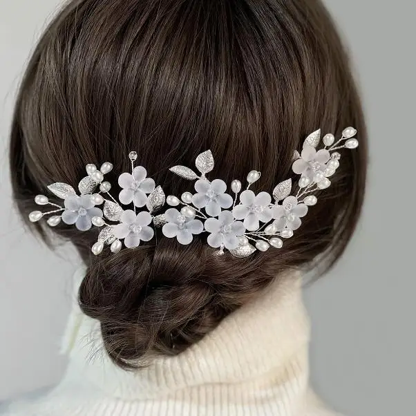 1set White Flower Crystal Pearl Hairpin Hair Vine Tiaras Head Piece Hair Comb Hairpins Accessories Wedding Bridal Hair Jewelry