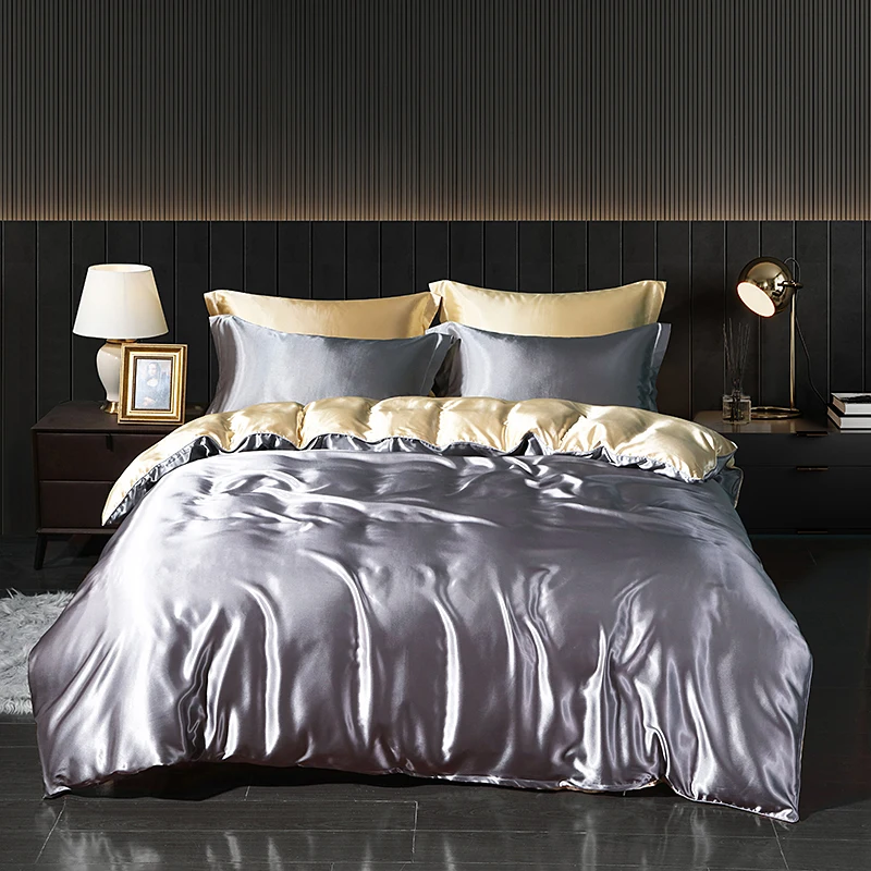 Luxury Satin  Bedding Set With Flat Sheet Duvet Cover High End Bedding Set  High Density Satin  Solid Color Bedding