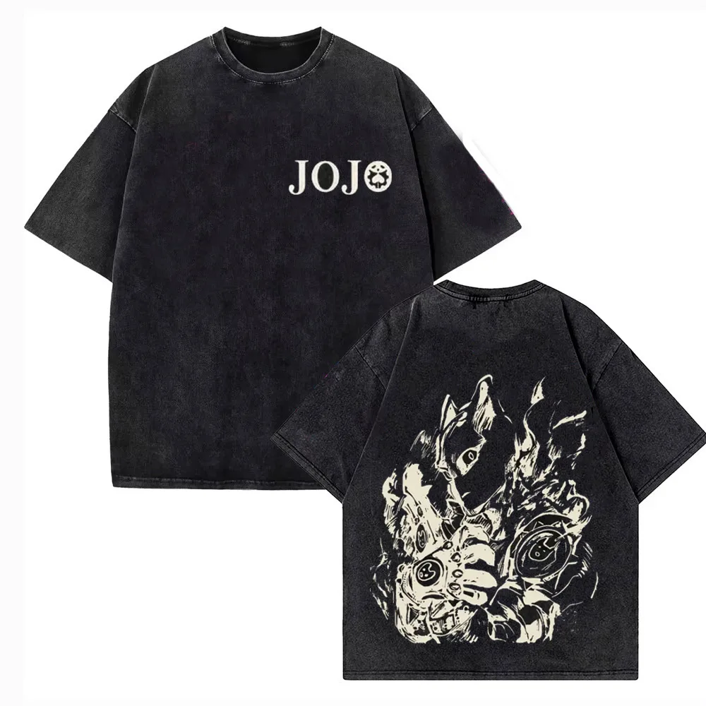 Vintage Washed TShirt Men JoJo Bizarre Adventure Gyro Zeppeli Streetwear T-shirt Anime Print Cotton Casual Short Sleeve Tshirt