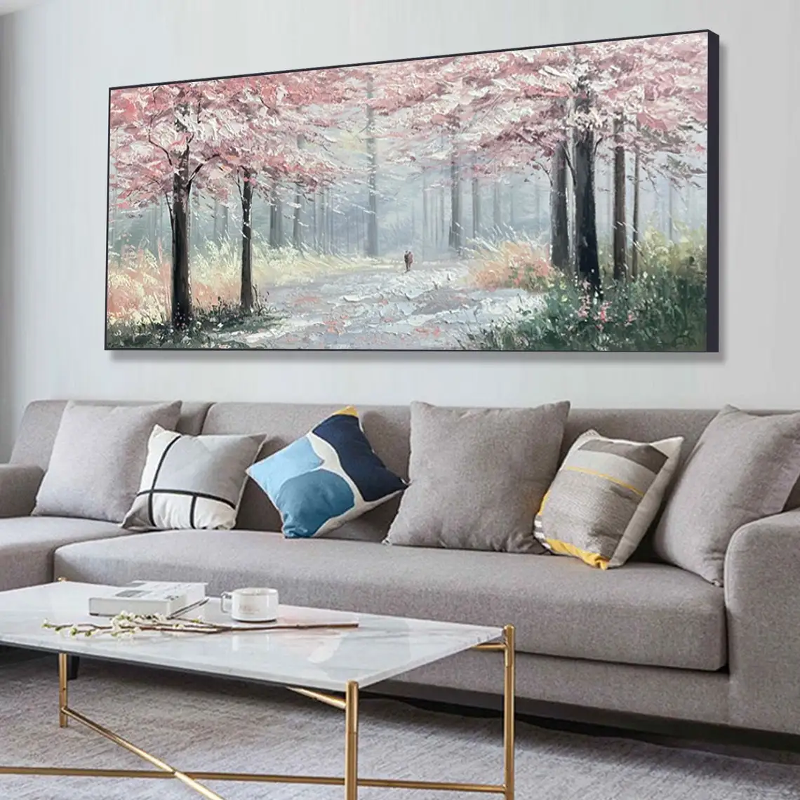 

Pink Trees Hand Painted Oil Painting Forest Scenery Mural Abstract Texture Painting Wall Art Custom Handmade Painting Home Decor