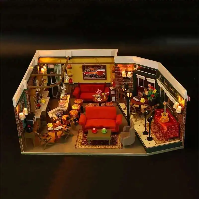 

DIY Wooden Central Perk Cafe Casa Miniature Building Kits Bookend With Lights Assembled Bookshelf Home Decoration Friends Gifts