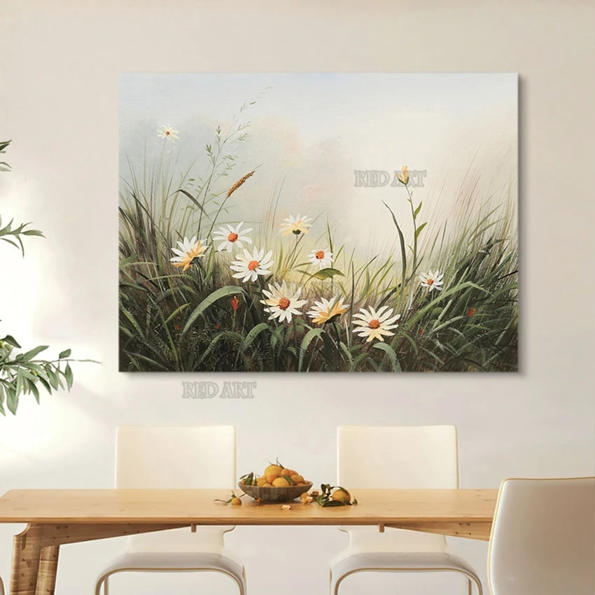 Outdoor Landscape Picture for Kitchen Wall Decor, Daisy Flowers Oil Painting, Abstract Grass Poster, Canvas Wall Art Pieces