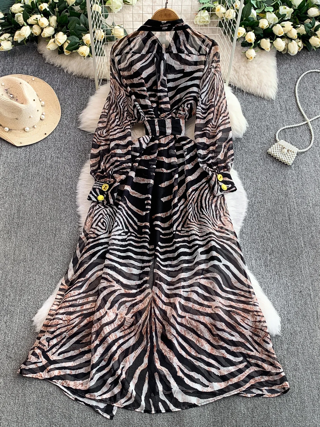 Ele Zebra-Print Umlegekragen irt Dr Damen Herbst Metall Bule Taillenbetonter langer Rock Faionable Maturi S...