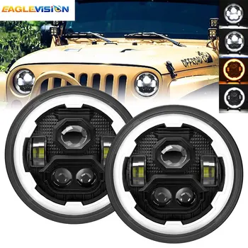 Car Headlight Angel Eyes 7 in DRL Car Led Headlight For Jeep Motorcycle Crystal Len 4x4 Light ForWrangler Jeep Jk Hinge