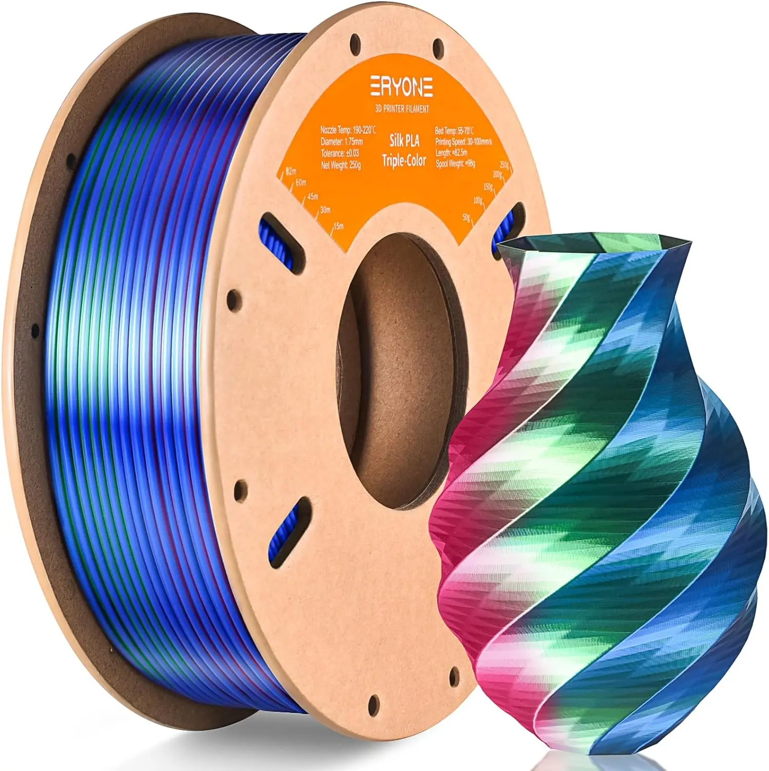 

Silk Tri-Color PLA Filament 1.75mm, Multicolor 3D Printer Material Red Blue Green 250g Cardboard Spool