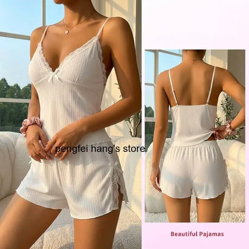 Summer Thin Ribbed Knit Pajama Set Women Lace V Neck Split Cami Top Shorts 2 Piece Loungewear Home Sleepwear